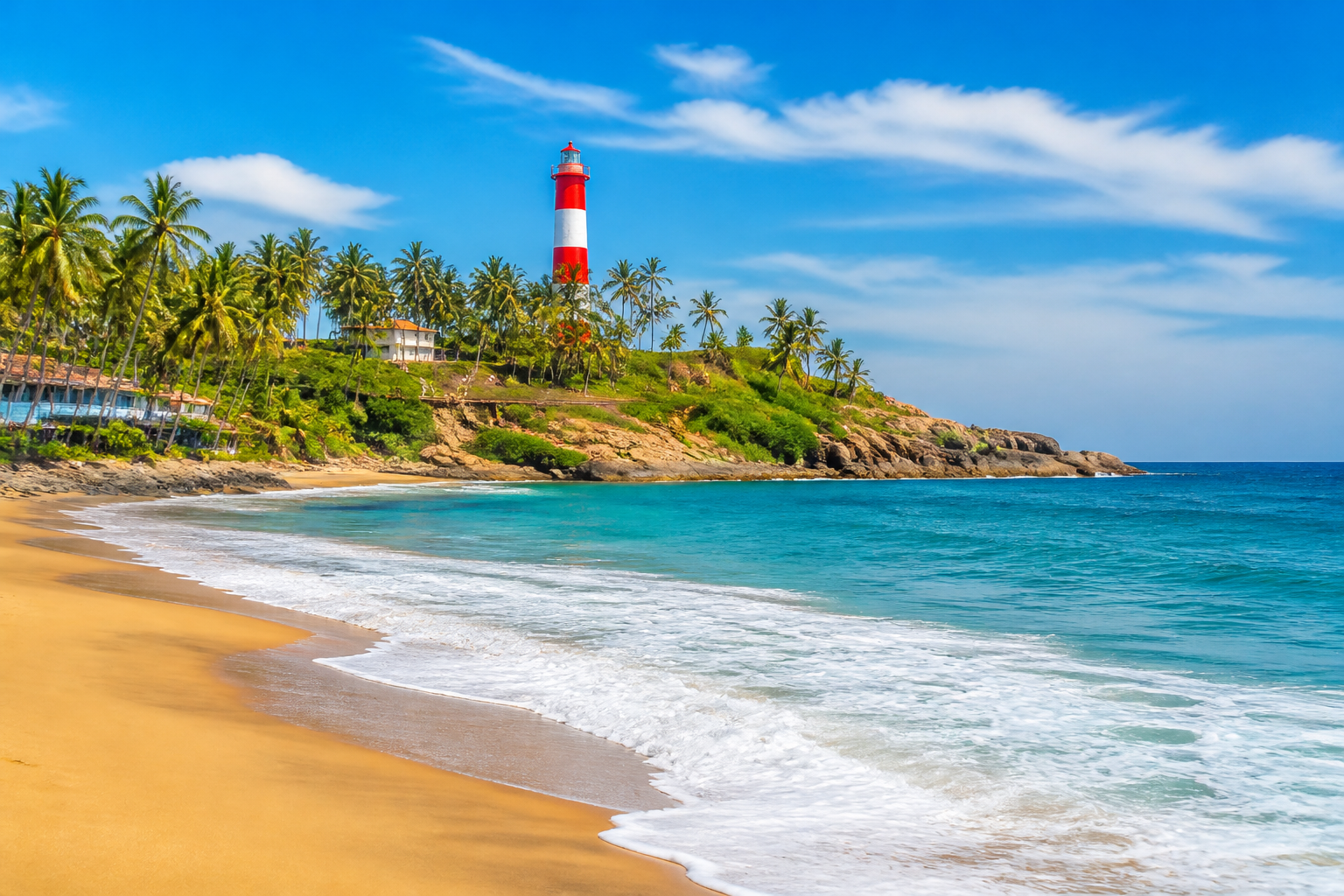 Sunny Kovalam beach shoreline